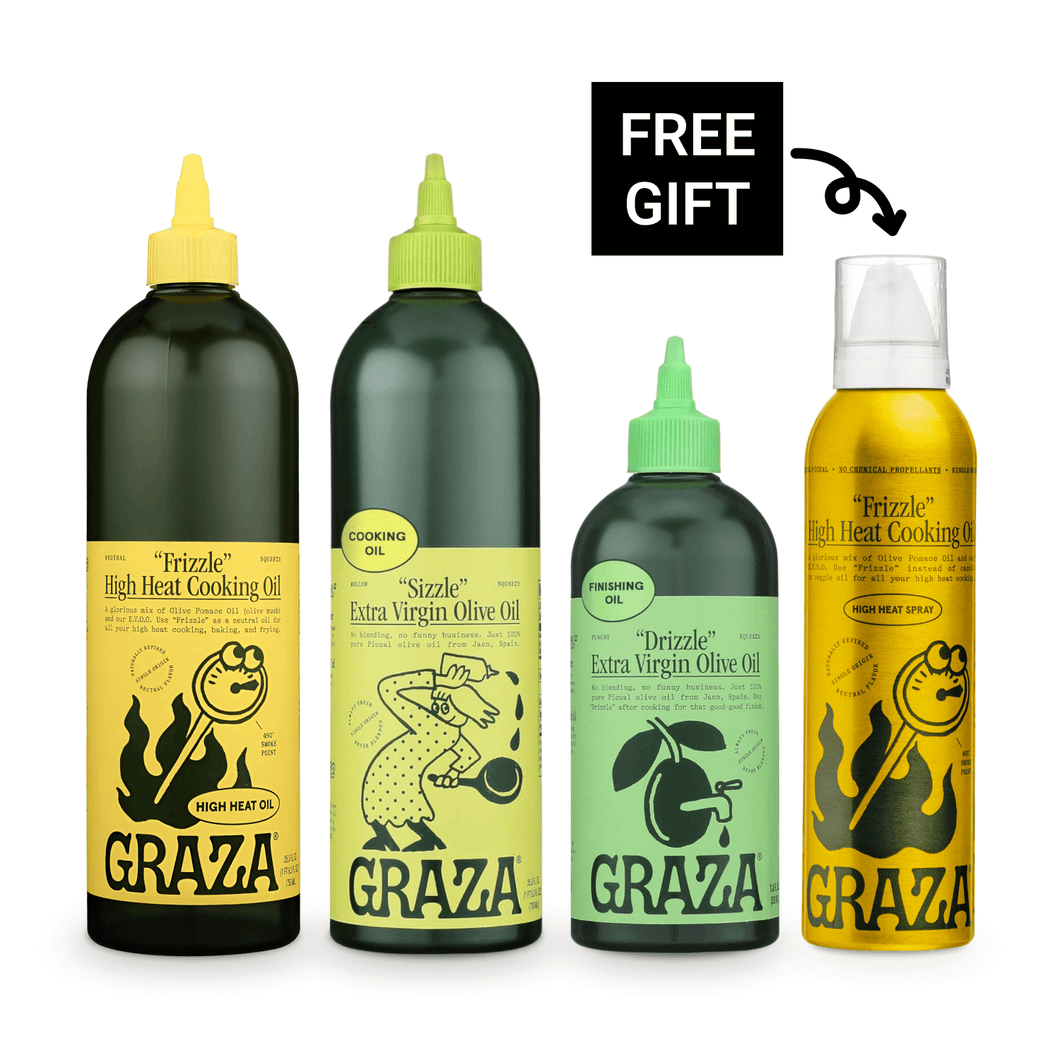 “The Trio” Sizzle, Drizzle, & Frizzle Set + Frizzle Spray - 그라자 올리브 오일 세트