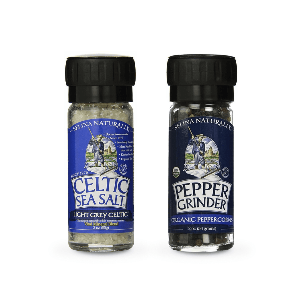 Selina Naturally Large Grinders with Light Grey Celtic ® Salt and Organic Peppercorns -  셀리나 내추럴리 켈틱 바다 소금 과 유기농 후추 그라인더 (Best By: Feb. 2026)