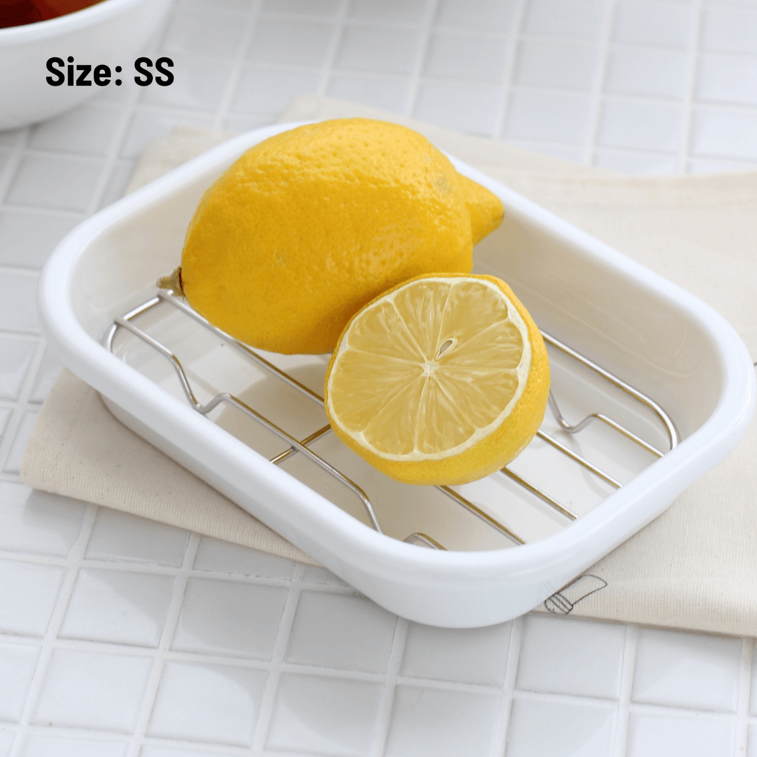 White Enamelware Tray and Oil Drain Rack - 아카시아 법랑밧드와 밧드망